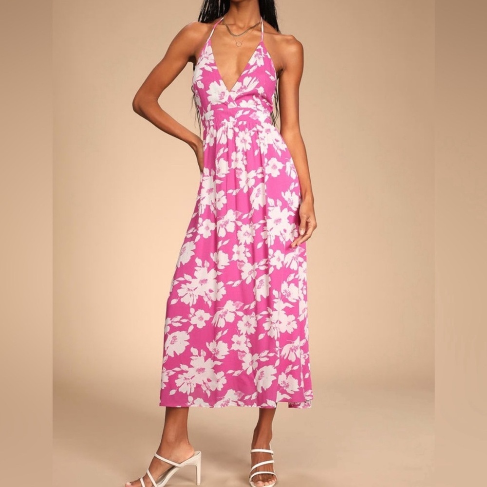 Lulu’s | Follow the Summer Pink Floral Print Halter Midi Dress NEW